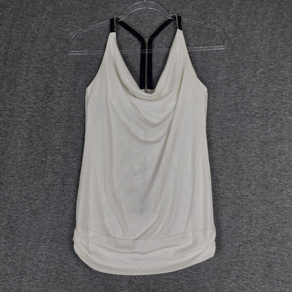 MILEY CYRUS MAX AZRIA WOMEN Y2K EMO GOTH CREAM BLACK SLEEVELESS ZIPPER TOP SZ XS